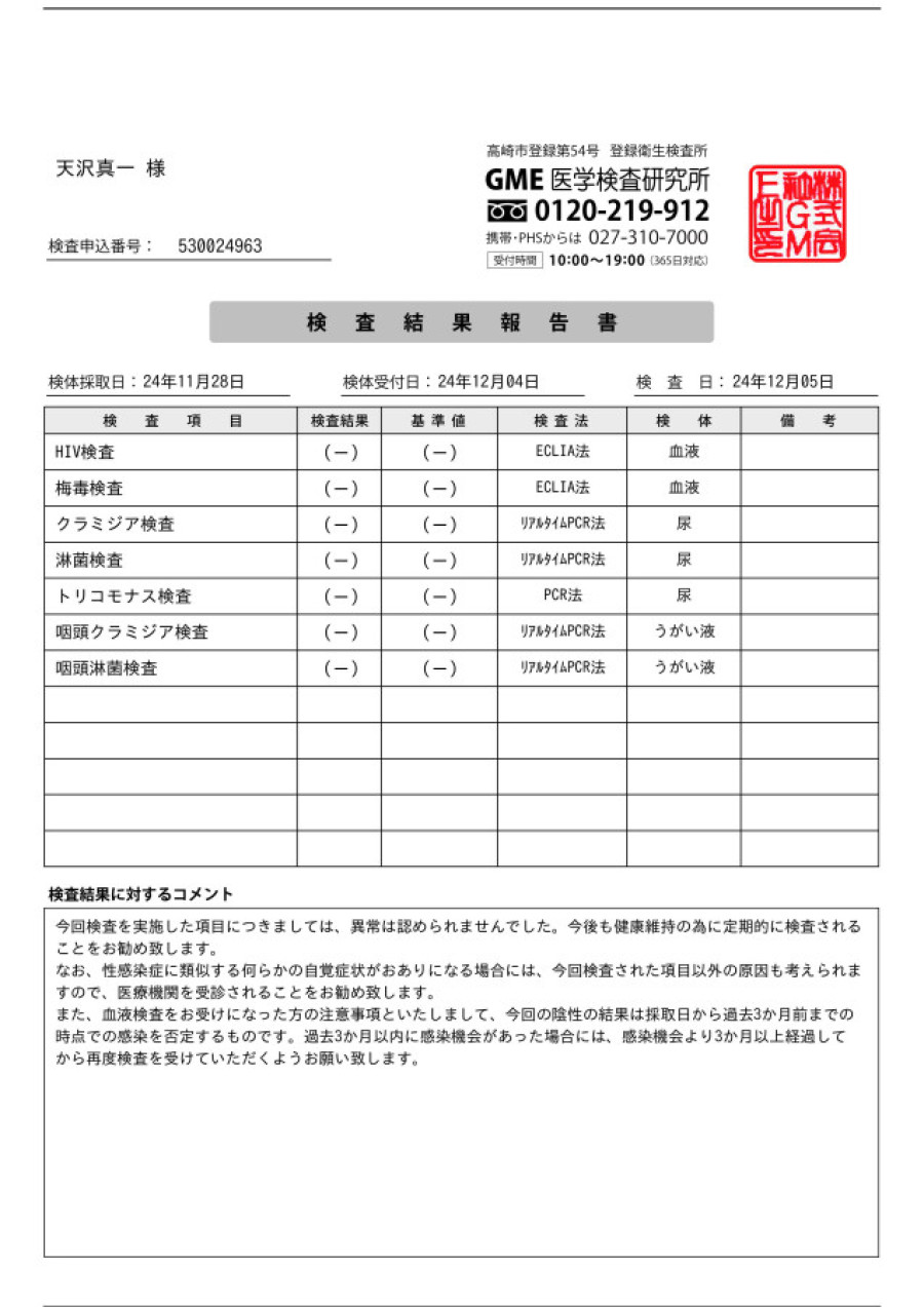 天沢真一の性病検査証明書